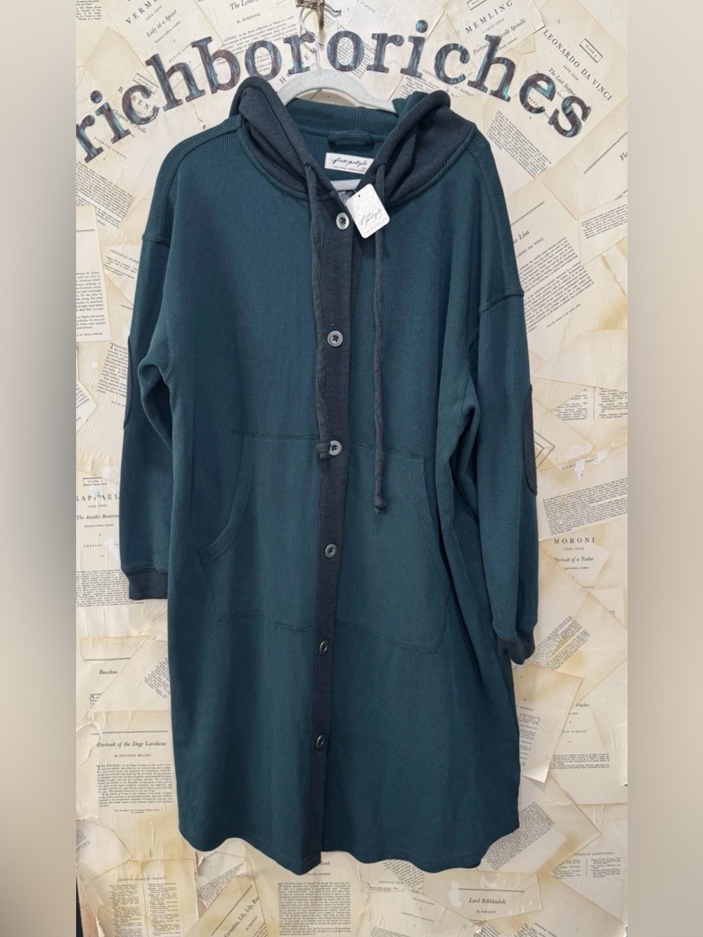 Free People Tomorrows Sweatshirt Cardigan Hooded Maxi Ribbed Button Forrest - Picture 3 of 5